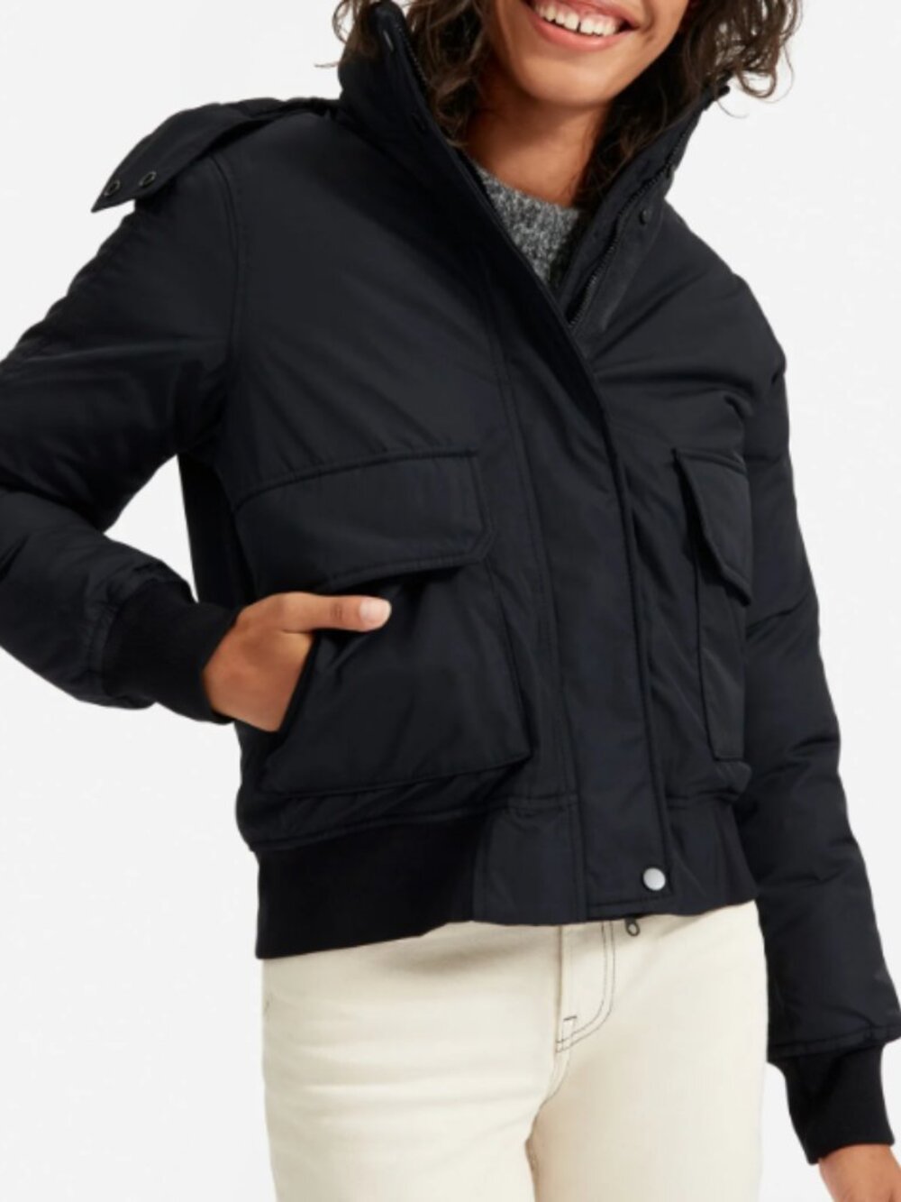 Everlane Women’s ReNew Heavyweight Bomber Black Jacket removable hood xs